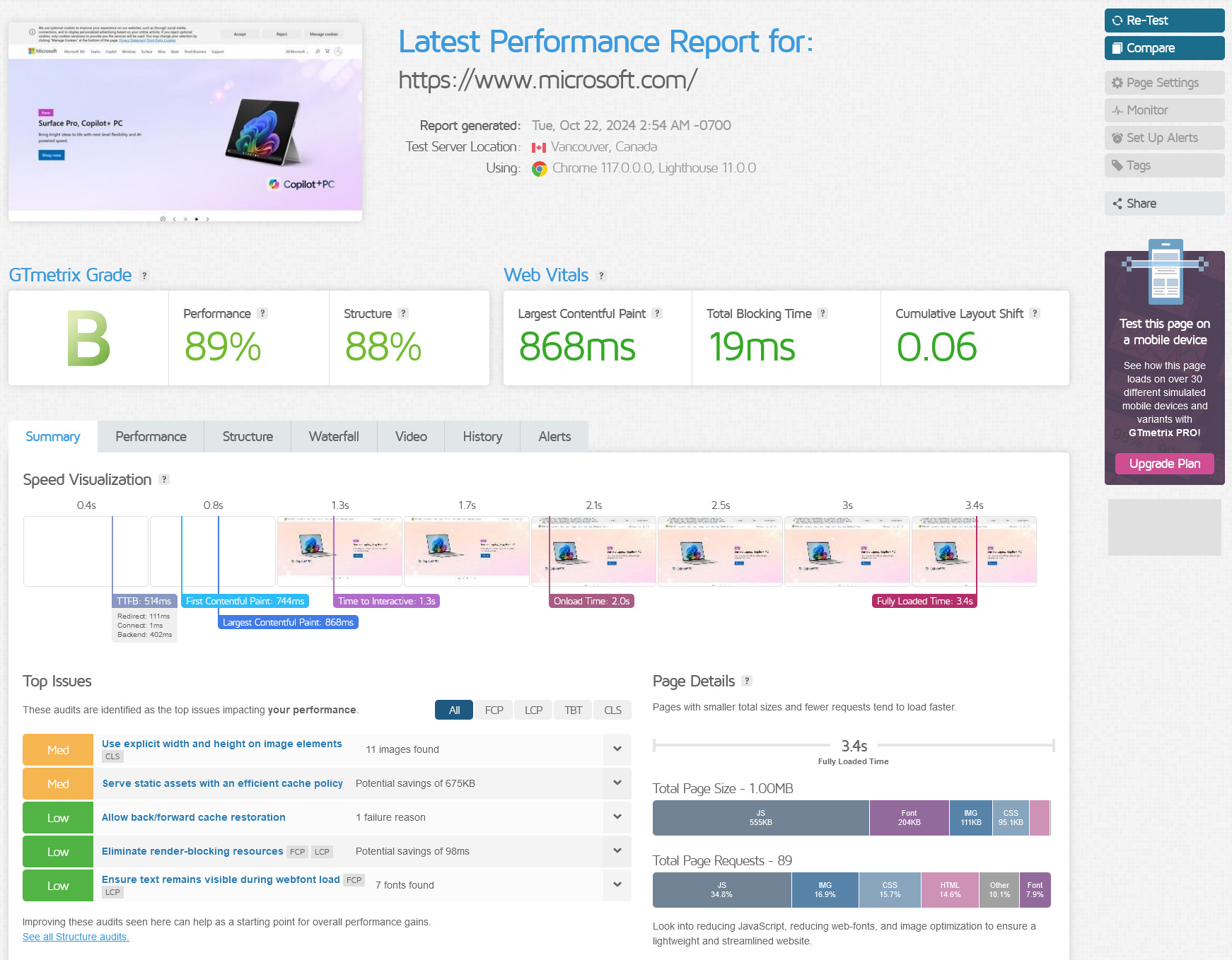 GTMetrix report for Microsoft's website performance