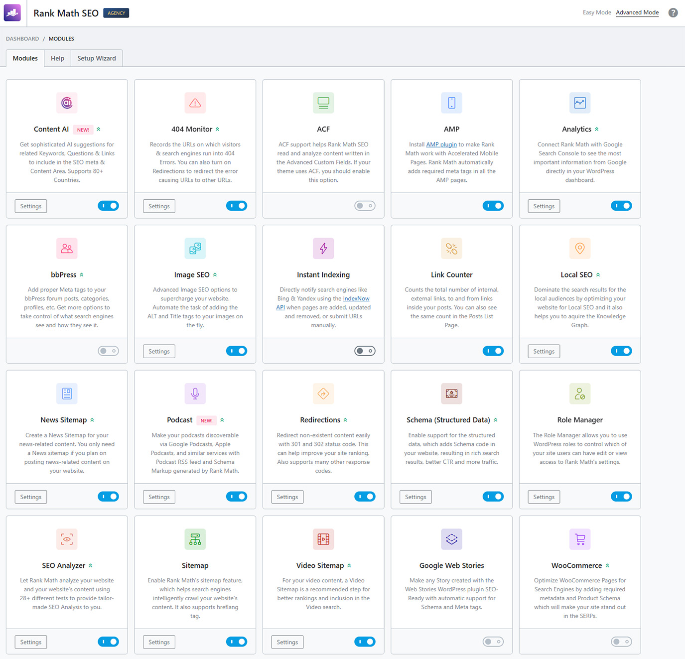 The list of modules available in the Rank Math SEO plugin for WordPress