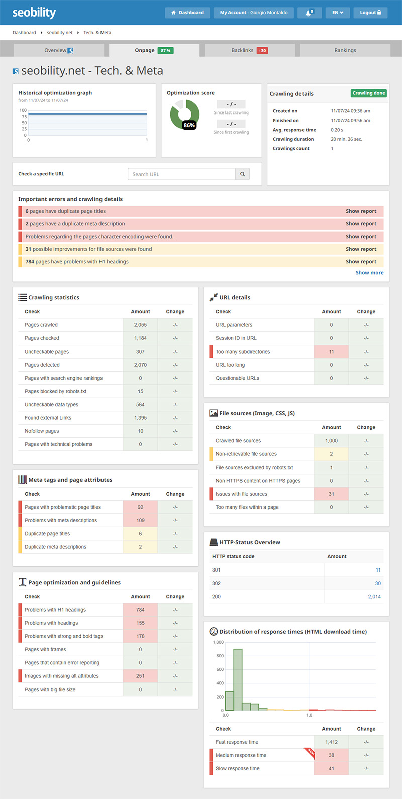 Onsite analysis dashboard of Seobility tool for seobility.net website