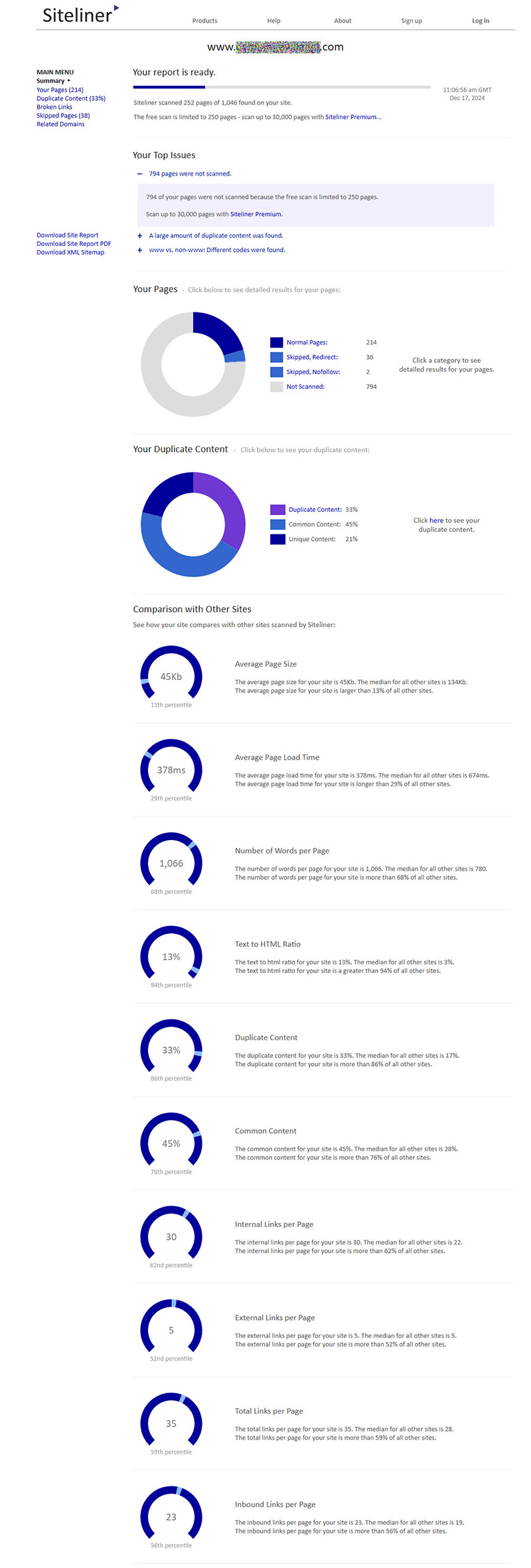 Siteliner results for a website scan using the free version